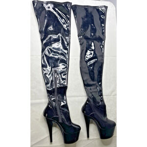 Pleaser Thigh High Platform Boots Size 8 Black Patent Zip Exotic Pole Dance Stri